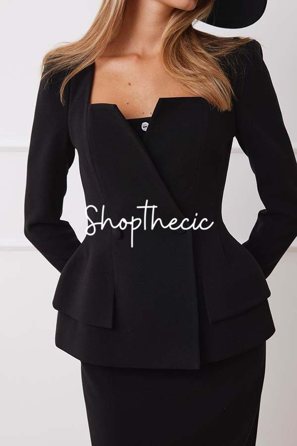Square neckline fitted waist blazer and skirt two-piece set