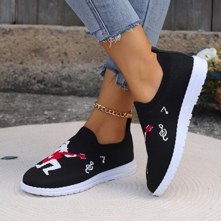 Chaussures plates en tricot à mouche brodées de musique rock