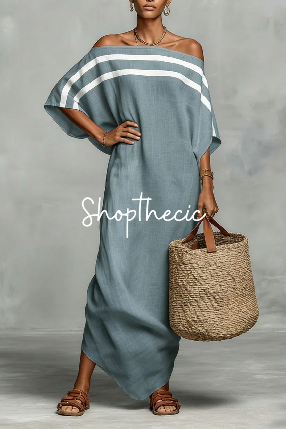 Loose-fitting striped off-shoulder batwing sleeve resort maxi dress