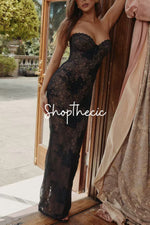 Hollow-out lace vest strapless bodycon long back slit dress two-piece set