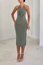 Solid color sleeveless round neck backless slit hip dress
