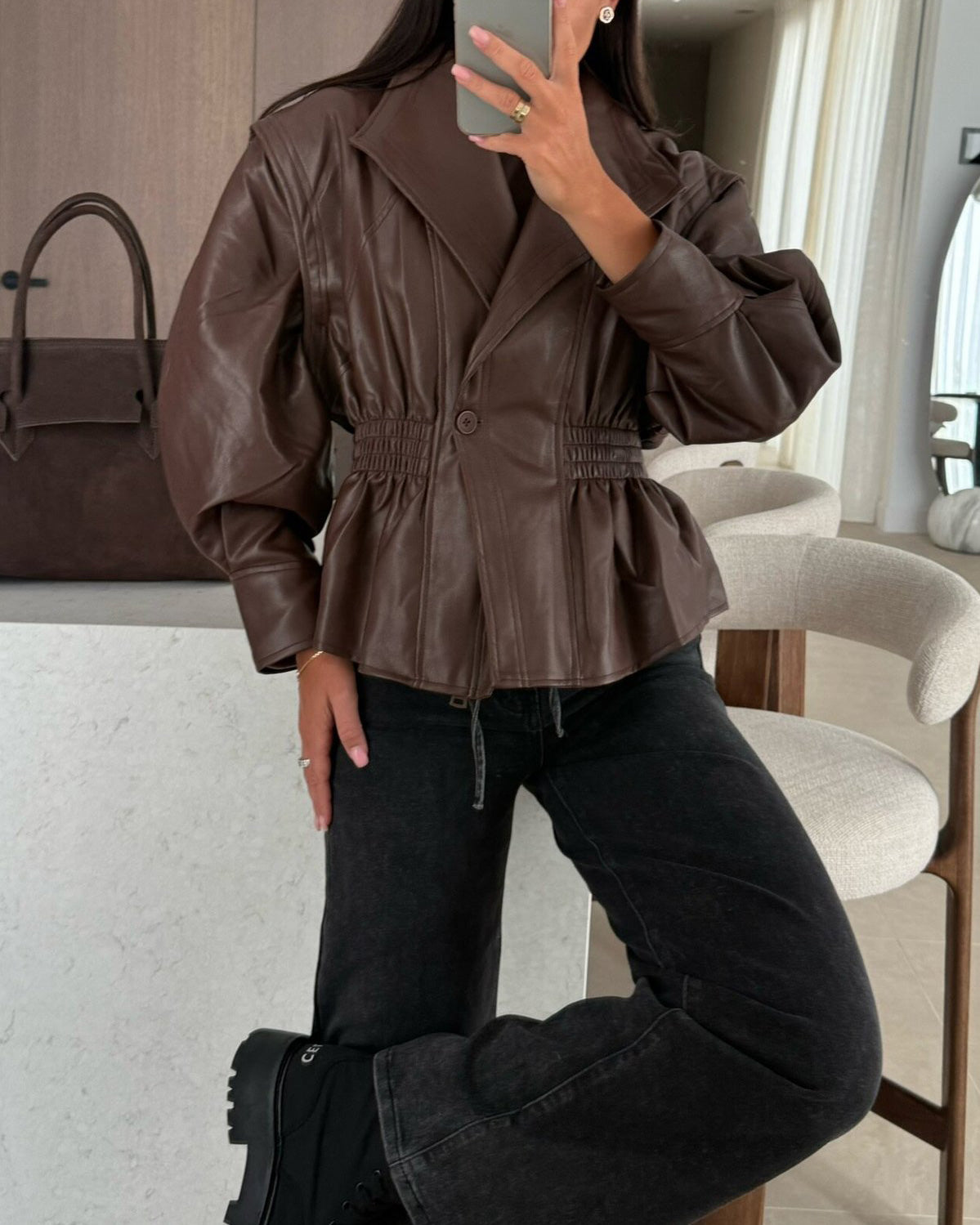 Classic lapel waist cropped PU jacket