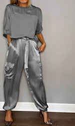 Smooth Satin Half-sleeved Top and Pant Suit Two-piece
