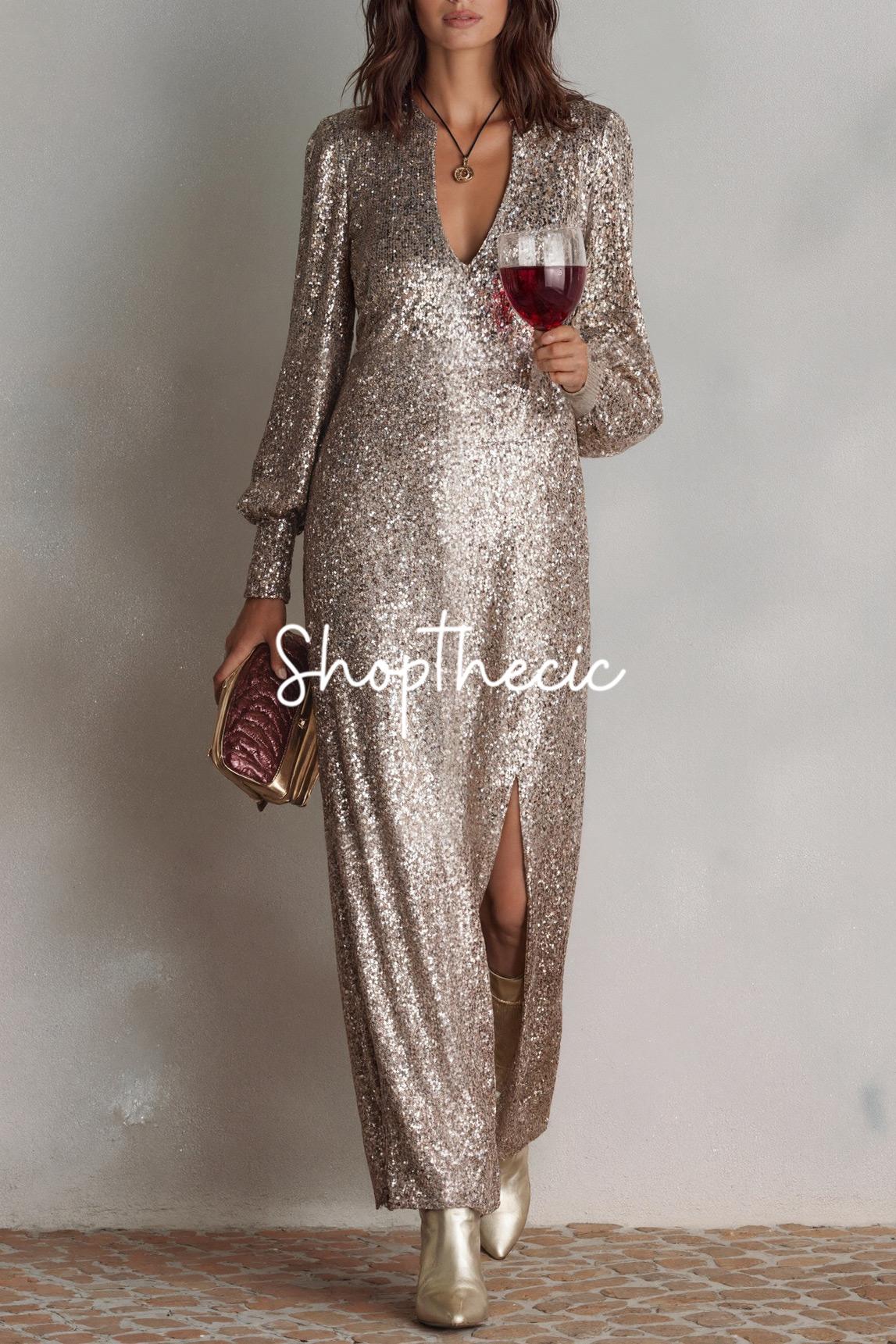 Abito con paillettes, scollo a V, maniche lunghe e spacco