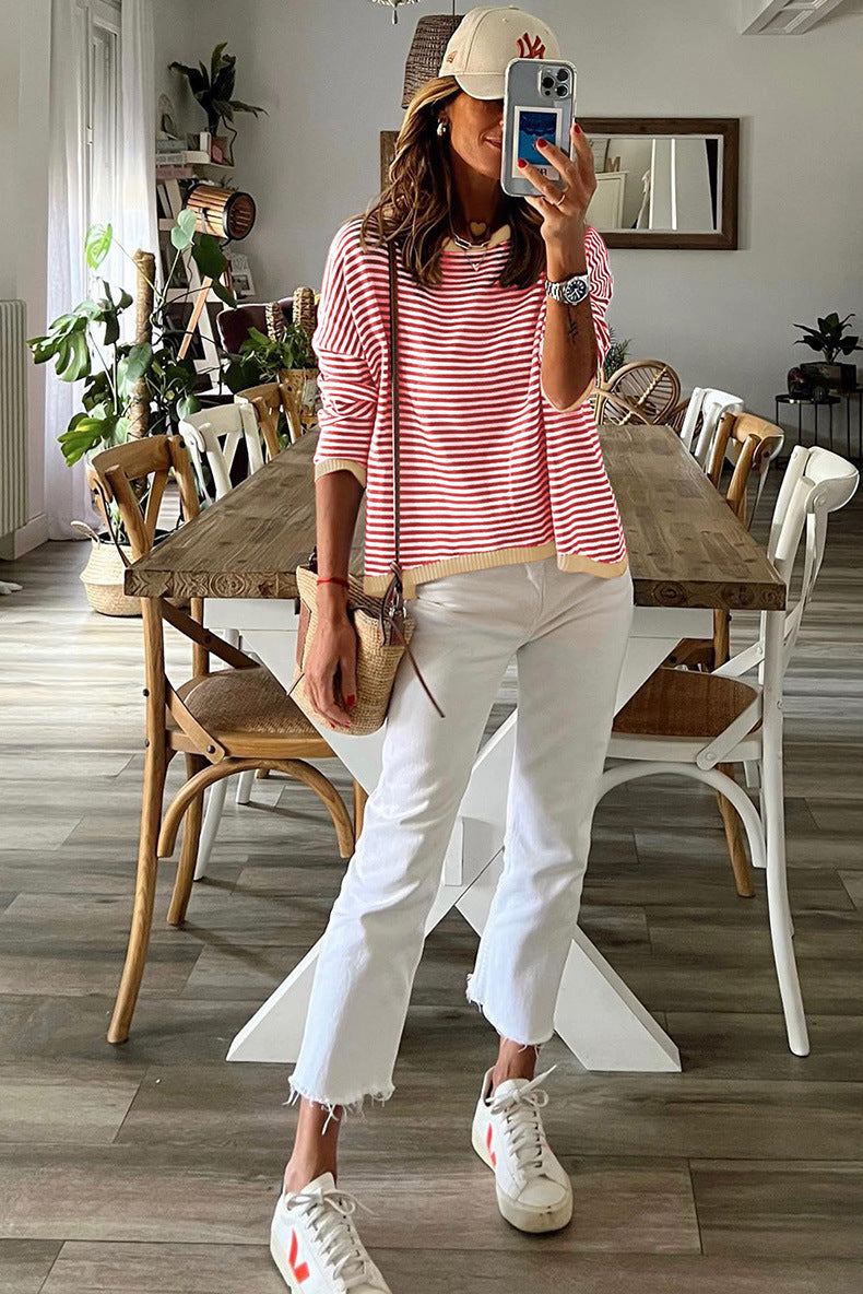 Pull à épaules tombantes à rayures contrastées