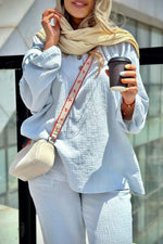 Long-sleeved lapel loose wrinkled shirt and wide-leg pants suit