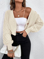 V-neck drop shoulder sleeve button-down cropped knitted cardigan