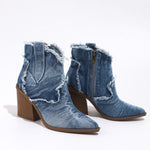 Distressed frayed denim chunky heel ankle boots