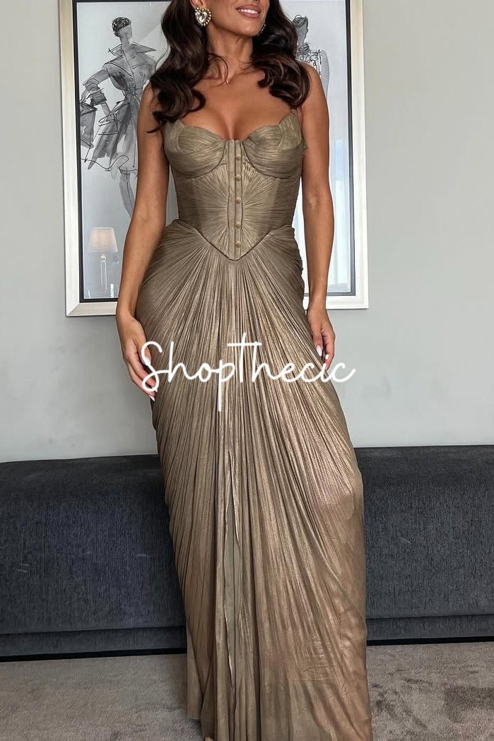 Luxurious pleated gold-stamped slip maxi dress
