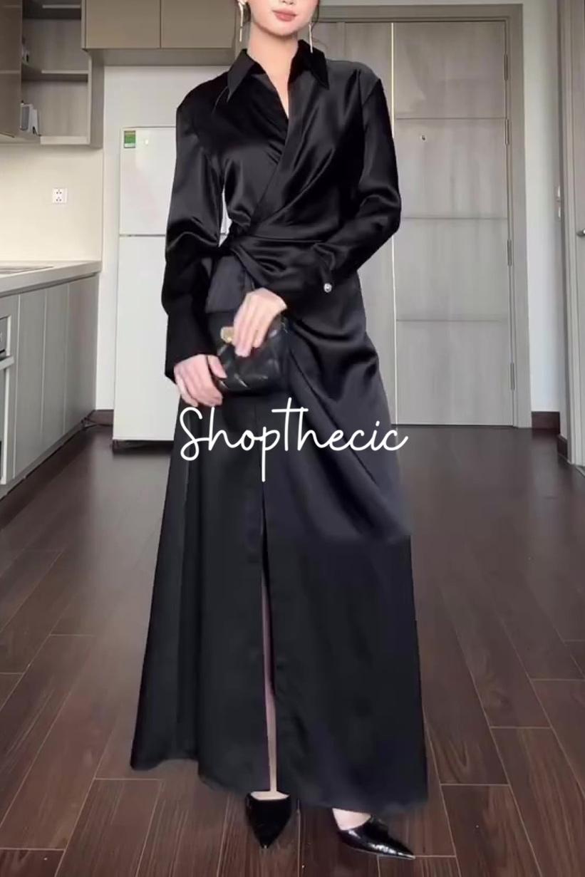 V-neck slim-fit solid color high-waisted shirt dress