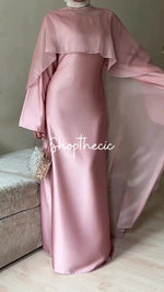 Elegant pink silk long dress with shawl
