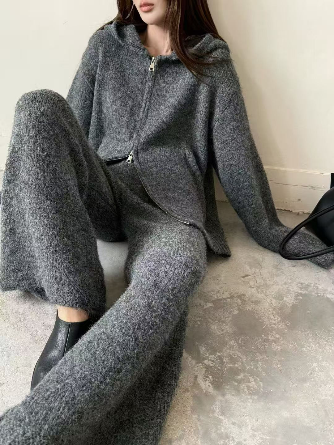Loose Thickened Knit Hooded Zipper Cardigan Wide-Leg Pants Two-Piece Set