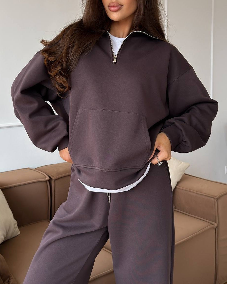 Zippered half-high collar pullover sweatshirt and wide-leg pants two-piece suit