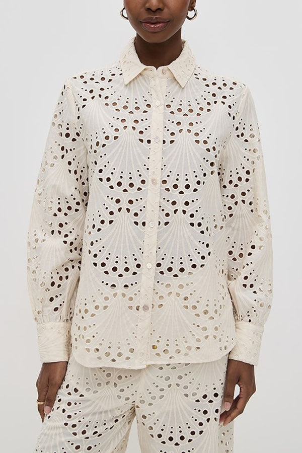 Hollow long-sleeved single-breasted shirt and trousers loose vacation two-piece suit