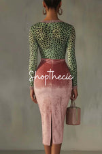 Leopard patchwork pink V-neck gold velvet stretch high-waisted dress