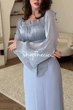 Square neckline patchwork pleated silk bell sleeve bodycon dress