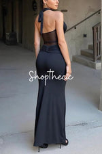 Black Mesh-paneled backless fitted halter neck tie maxi dress