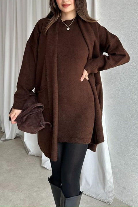 Solid color sleeveless round neck dress knitted cardigan two-piece set