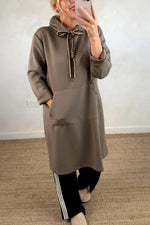 Kangaroo Pocket Loose Hooded Sweatshirt Midi Dress