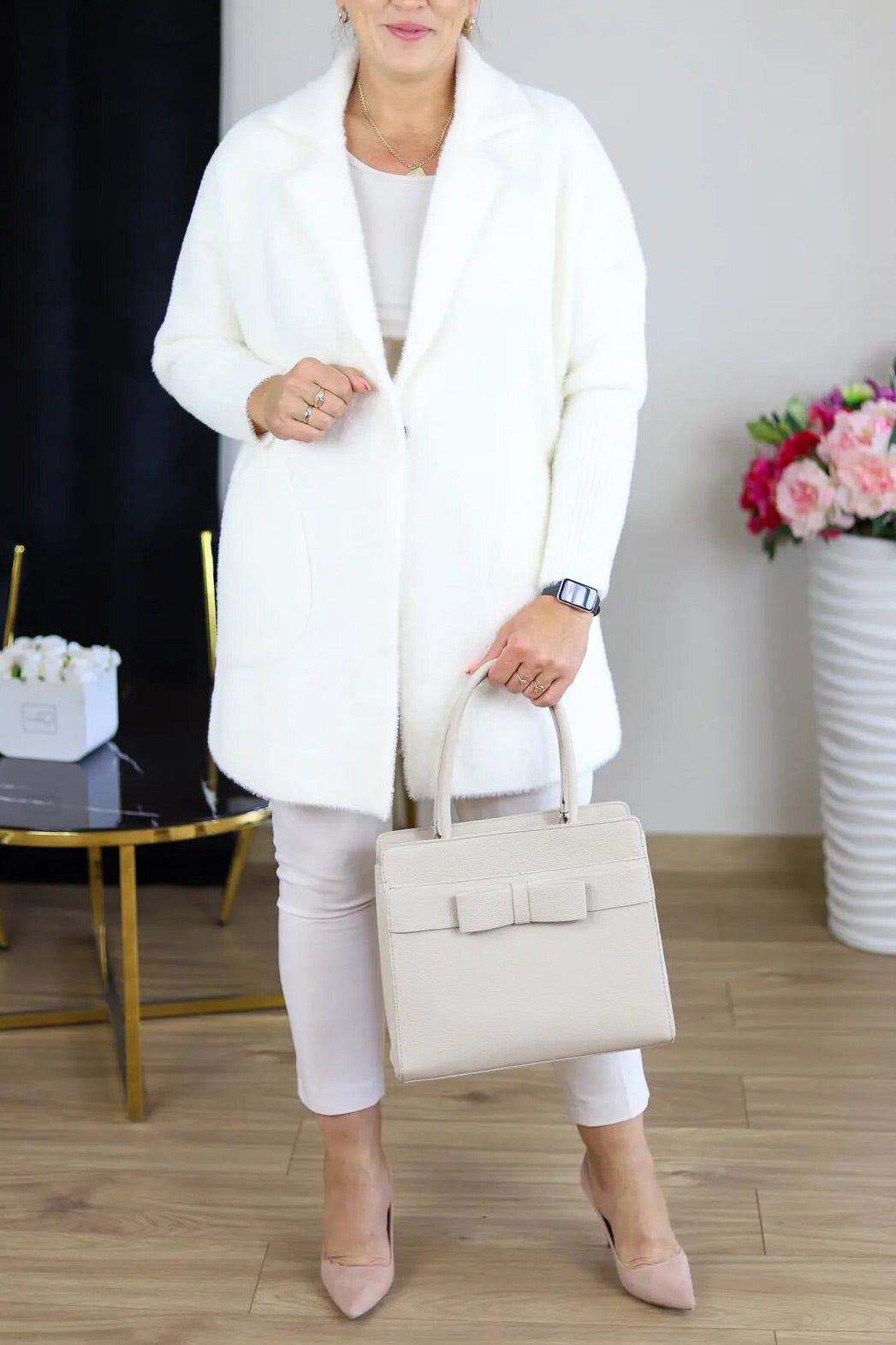 Suit collar elastic cuffs mid-length plush coat
