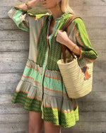 Bedrucktes kurzärmliges Midikleid aus Baumwolle und Leinen