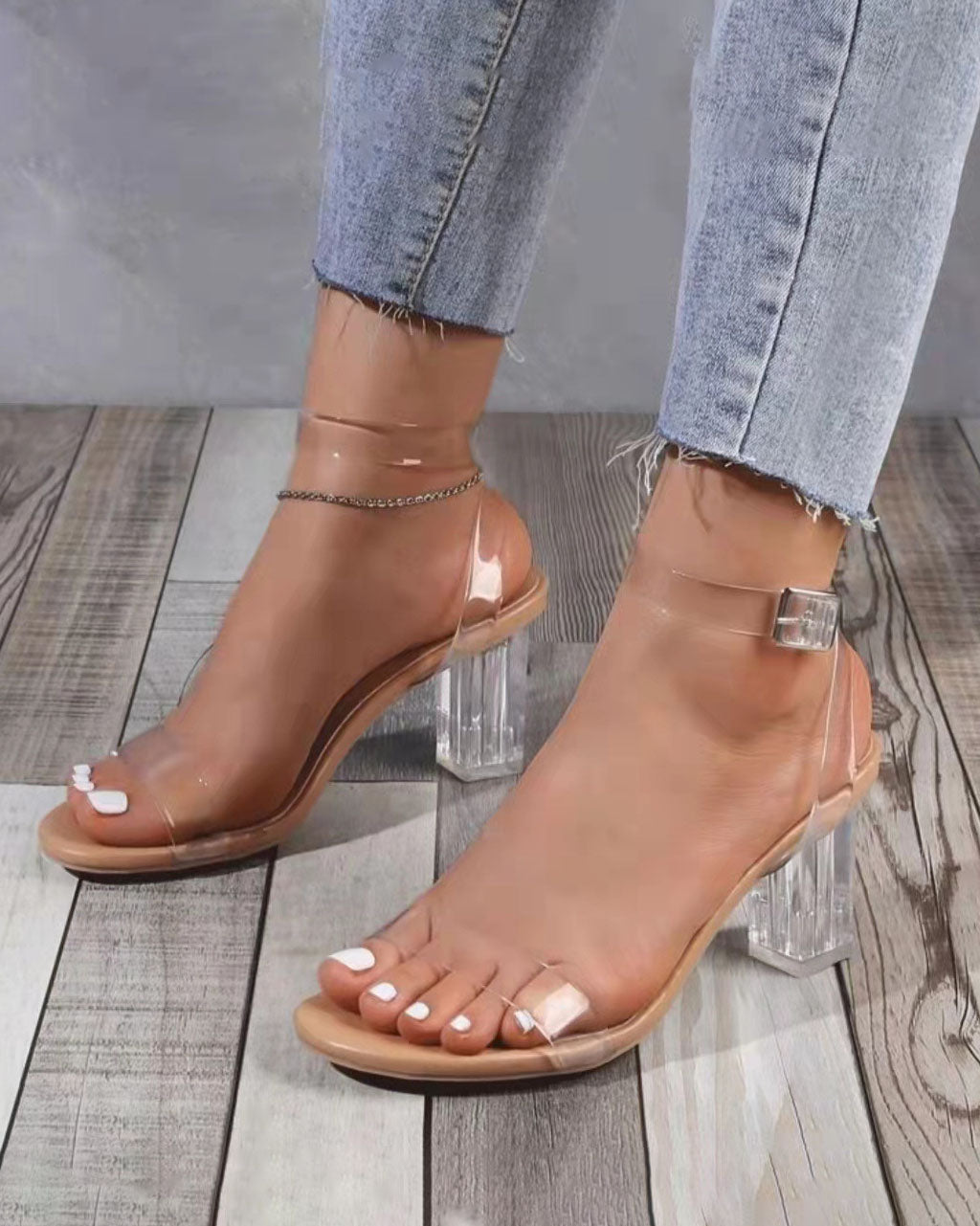 Clear Strap Mid-High Heel Sandals