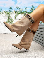 Leopard print velvet pointed toe stiletto heeled ankle boots