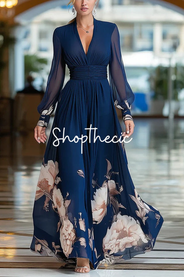 Blue long-sleeved v-neck chiffon print maxi dress