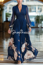 Blue long-sleeved v-neck chiffon print maxi dress