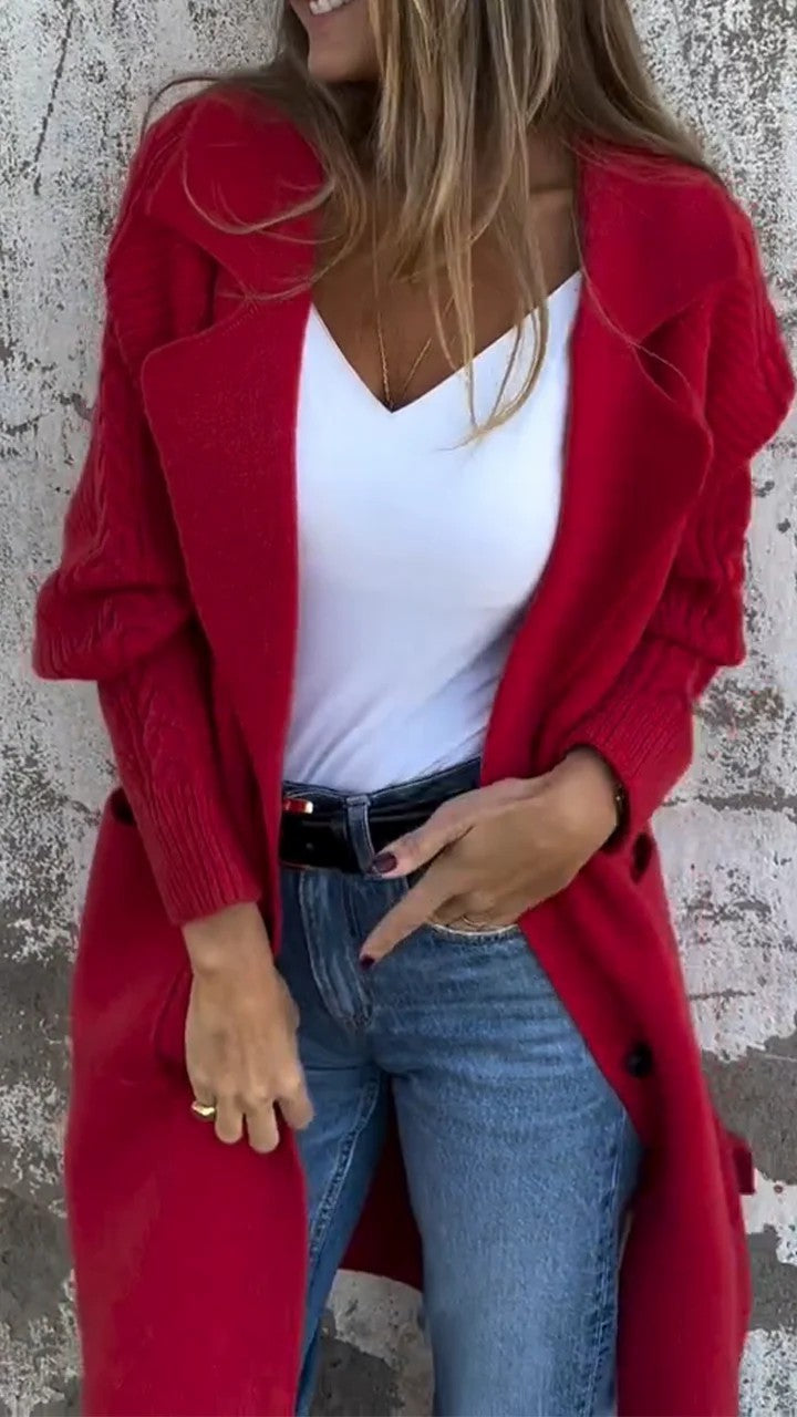 Cable-knit sleeves lapel long knitted coat