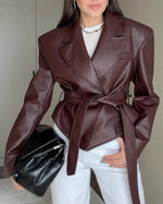 Trendy belted short leather motorcycle jacket