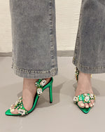 Luxurious rhinestone-encrusted wraparound strappy stiletto sandals