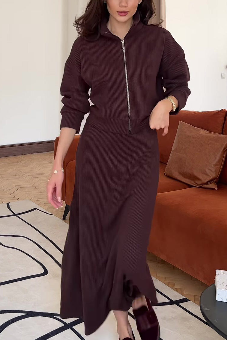 Solid color knit lapel zip-up top and maxi skirt two-piece set