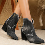 Distressed frayed denim chunky heel ankle boots