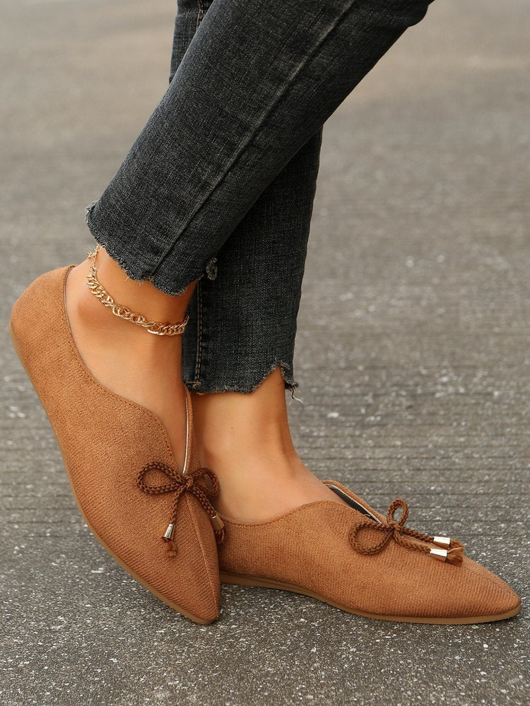 Canvas suede bow pointed toe flat slip-ons