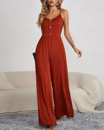 Solid Color Camisole Button-up Top Wide-leg Jumpsuit