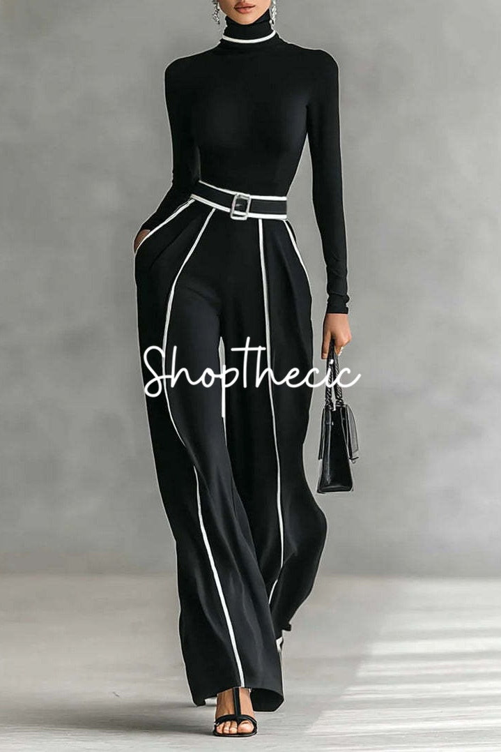 Black stand-up collar white contrasting trim knit top and wide-leg pants two-piece set