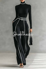 Black stand-up collar white contrasting trim knit top and wide-leg pants two-piece set