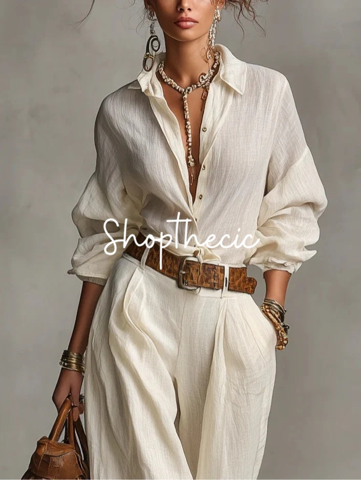 Elastic cuff shirt and loose trousers two-piece set
