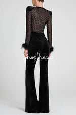 Velvet-trimmed long-sleevedfeather cuffs jumpsuit