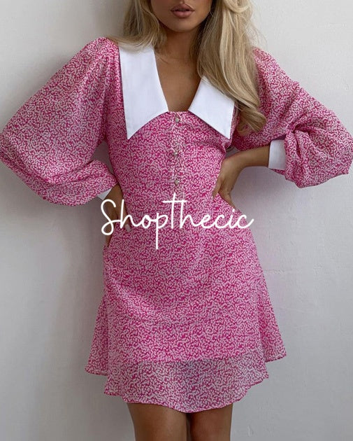 White large lapel collar long-sleeved floral dress