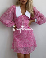 White large lapel collar long-sleeved floral dress