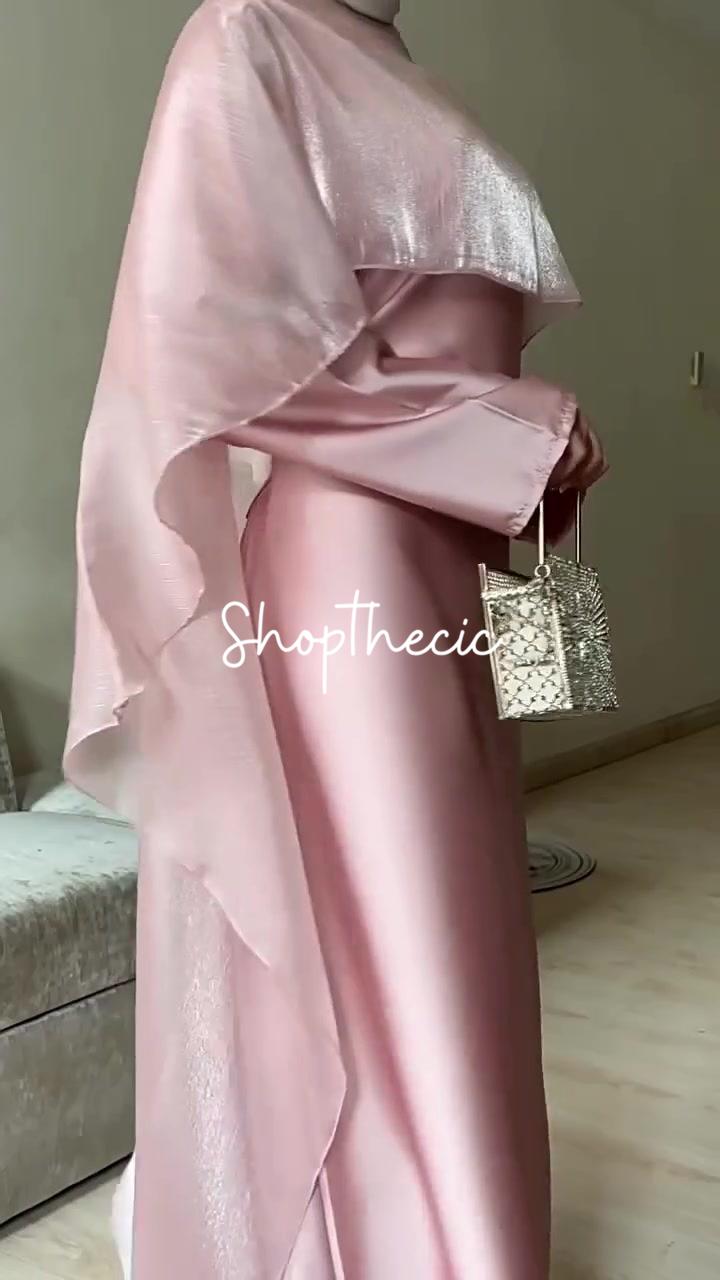 Elegant pink silk long dress with shawl
