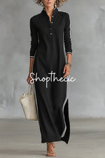 Minimalist White-trimmed Button-down Collar Sweatshirt Dress