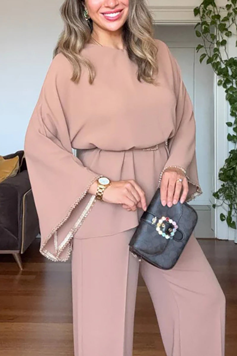 Rhinestone long-sleeved top and wide-leg pants set