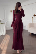 Long-sleeved round neck pleated hip slim Maxi dress