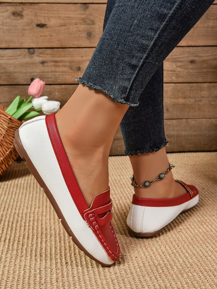 Red and white stitching rubber sole loafers