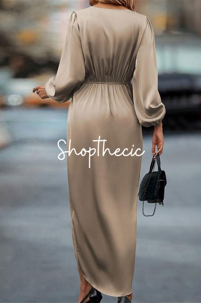 Puff-sleeved long-sleeved irregular slit midi dress
