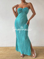 Strapless pleated fitted bow slit maxi dress