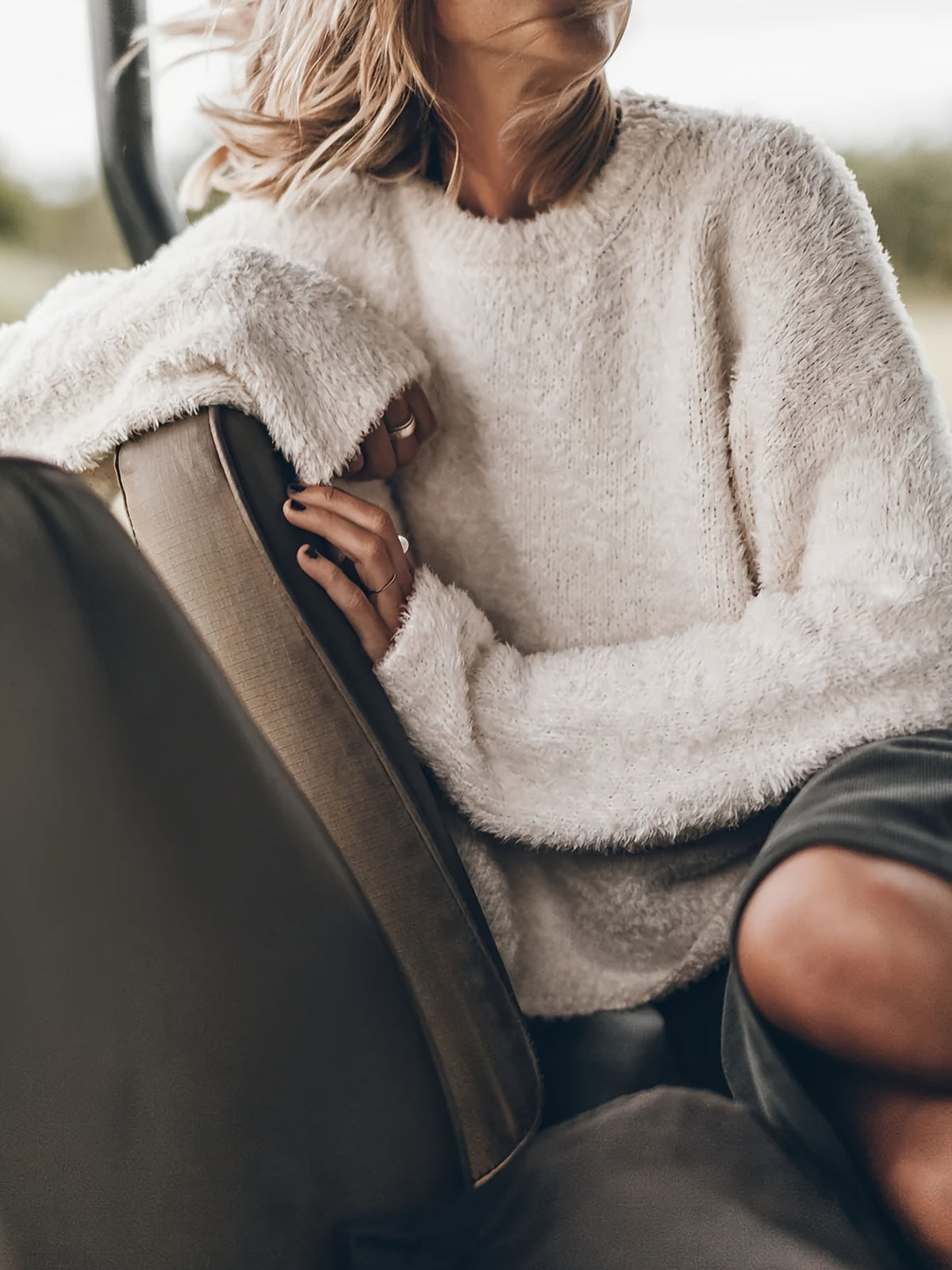 White Brushed Plush Crewneck Pullover Knit Top